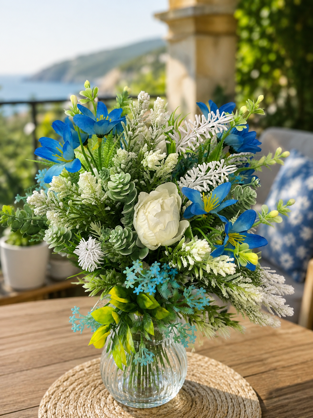 Handmade Spring Flower Bouquet - Blue and White Artificial Floral Arrangement for Weddings, Home Decor, and Centerpieces 2