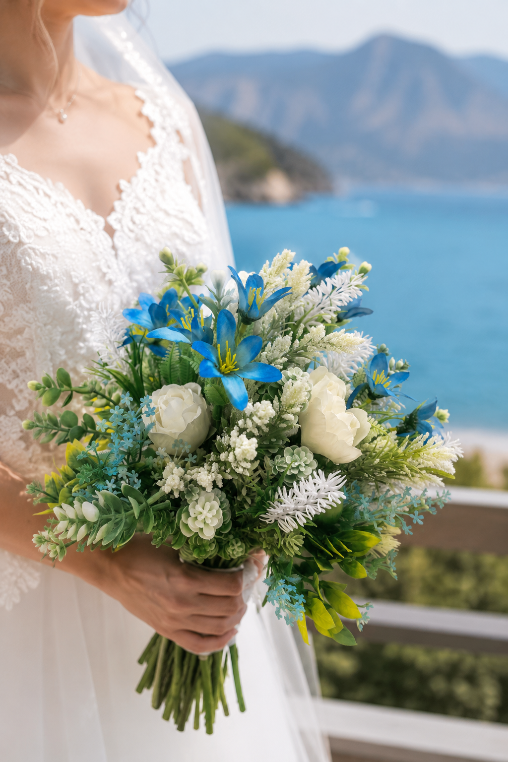 Handmade Spring Flower Bouquet - Blue and White Artificial Floral Arrangement for Weddings, Home Decor, and Centerpieces